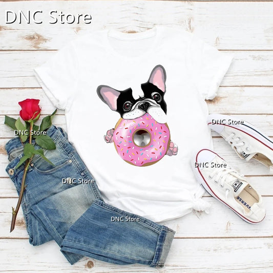 French Bulldog Lovers, Sweet French Black And White With Pin Donuts Dog Lovers Women Tshirts Summer T-Shirts Femme O Collar Tops