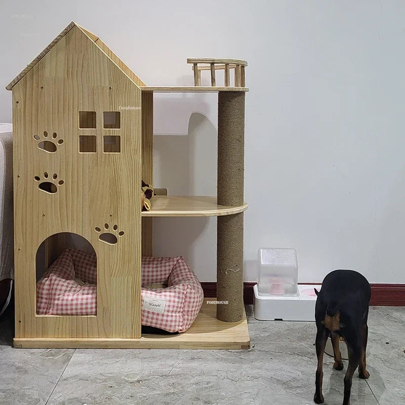 Large Cat House Double-decker Luxury Cat Villa Grab Column Jumping Platform Solid Wood Cat Scratchers Cat Litter Cats Tree One L