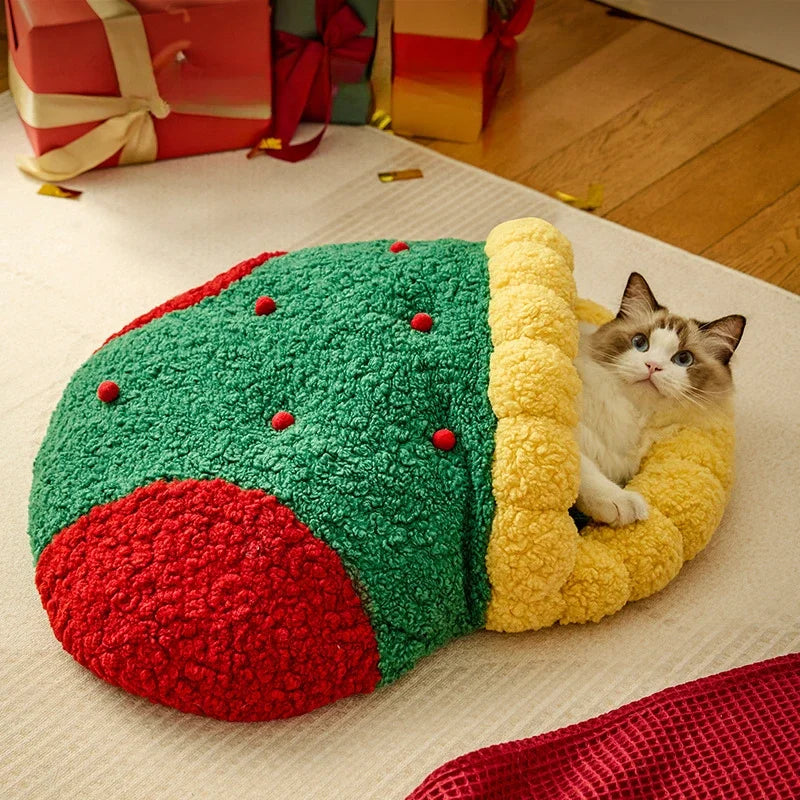 Christmas Version Plush Round Cat Bed Pet Mattress Warm Soft Comfortable Basket Cat Dog 2 in 1 Sleeping Bag Nest for Small Dogs