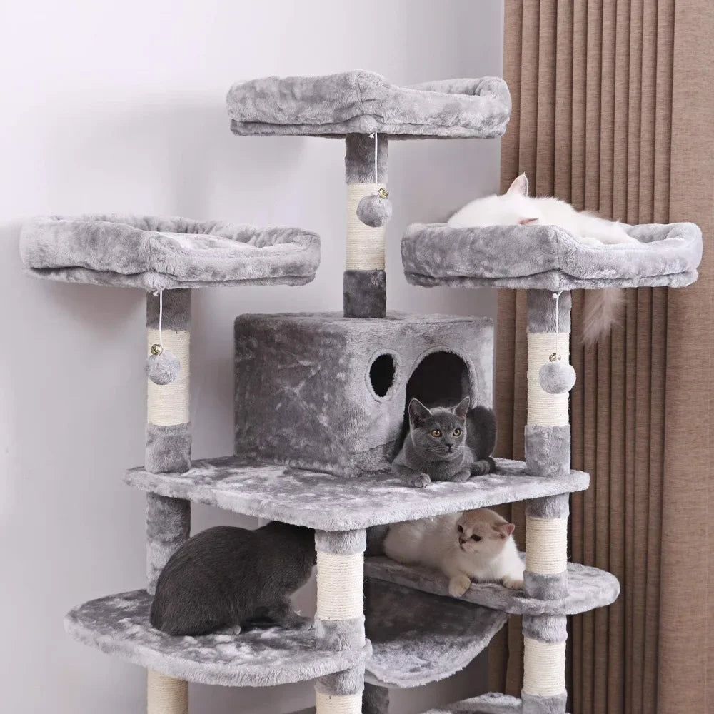 Large cat tree apartment with sisal flower scraping columns, cat hole and hammock, pet activity center cat tower