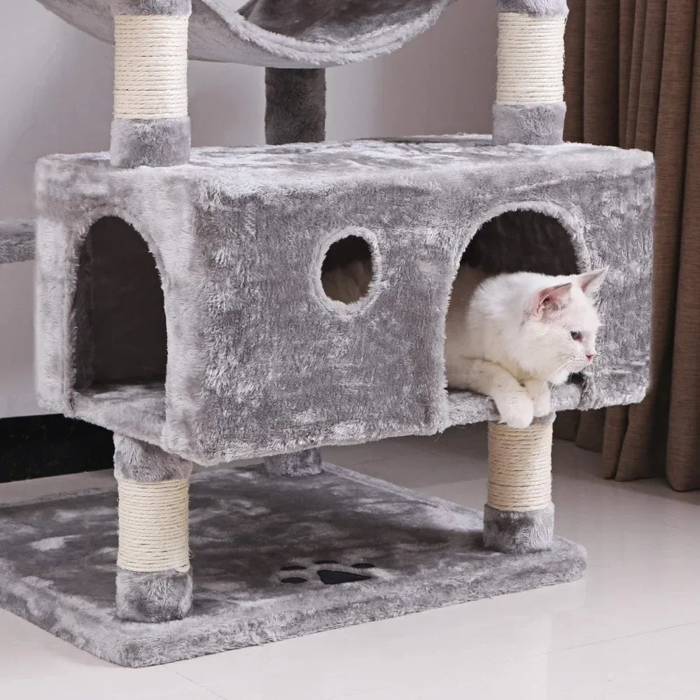 Large cat tree apartment with sisal flower scraping columns, cat hole and hammock, pet activity center cat tower