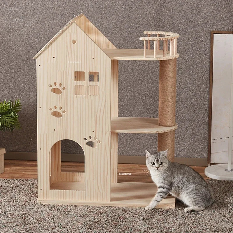 Large Cat House Double-decker Luxury Cat Villa Grab Column Jumping Platform Solid Wood Cat Scratchers Cat Litter Cats Tree One L