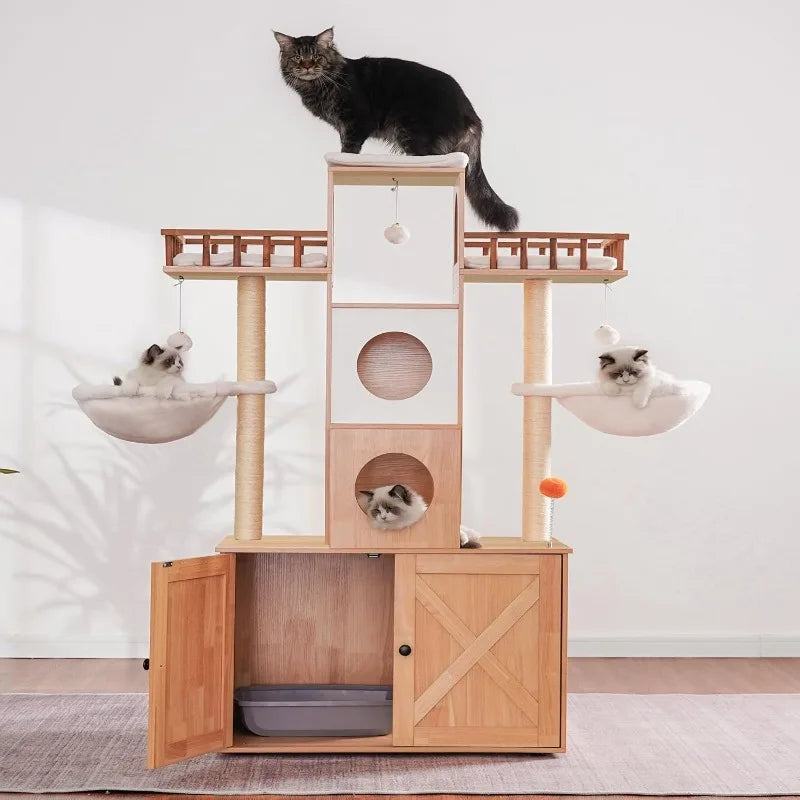 Cat Tree Tower with Litter Box Enclosure, for Large Cats 20 lbs Heavy Duty, Modern Cat Condo Furniture with Scratching Posts