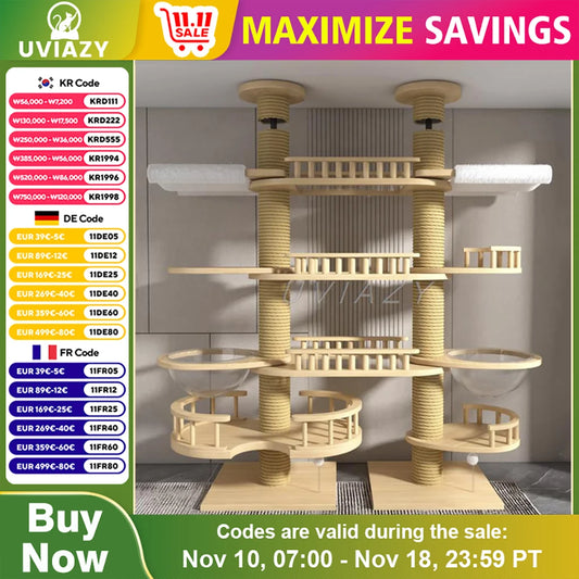 Floor-to-Ceiling Double Column Multi-layer Cat Tree Cat Climbing Tower with Natural Sisal Rope Scratching Post Tall ClimbingTree
