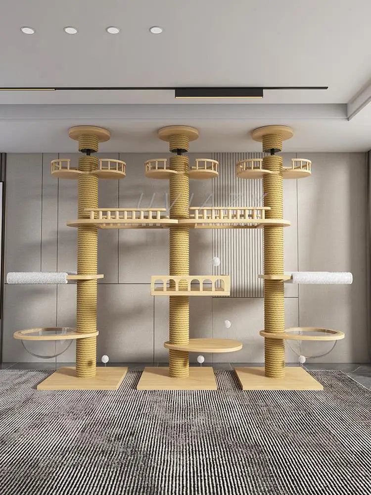 Multi-layer Three Columns Floor-to-Ceiling Cat Tree Cat Climbing Tower Sisal Rope Scratching Post Height 250-270cm Climbing Tree
