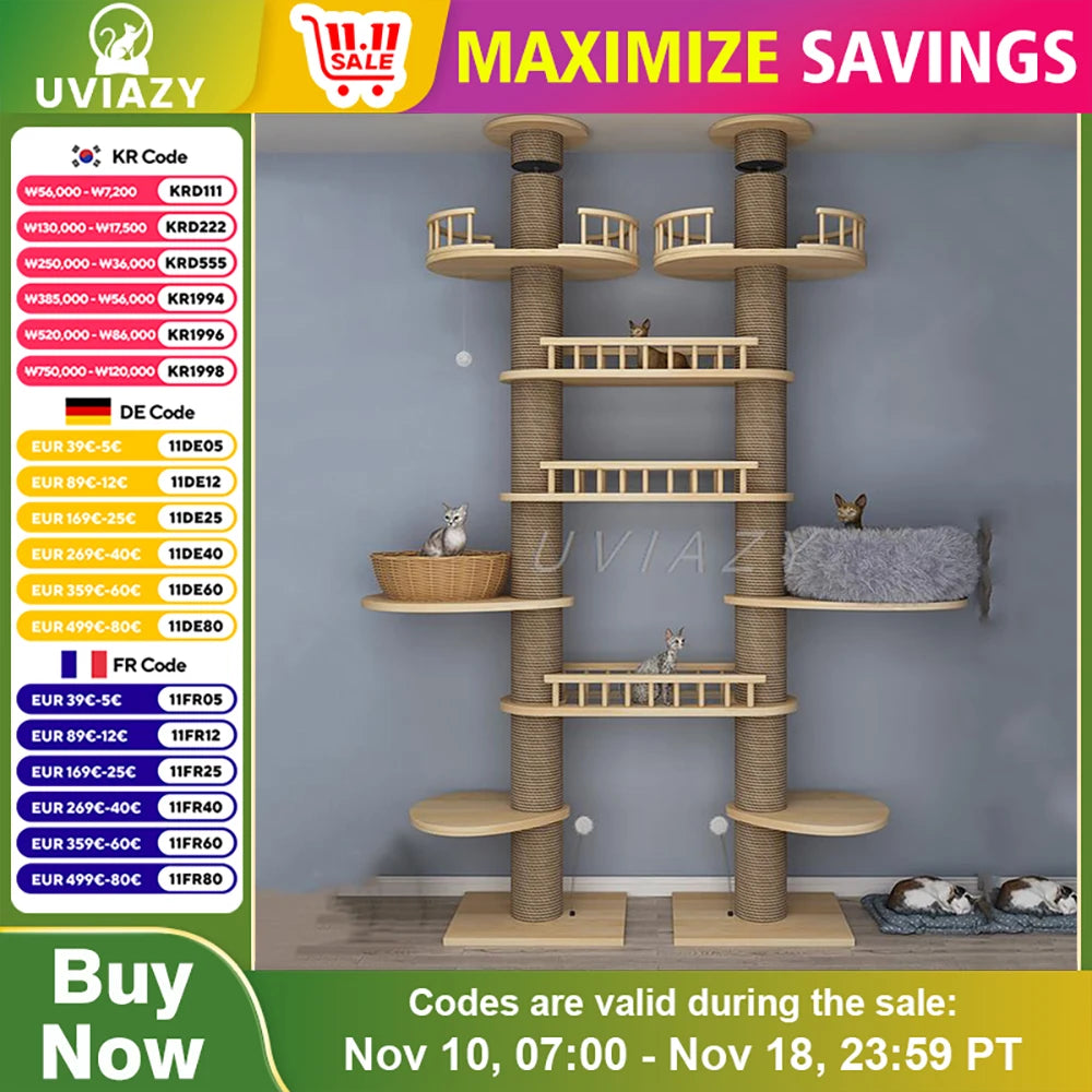 Multi-layer Double Column Floor-to-Ceiling Cat Tree Cat Climbing Tower with Natural Sisal Rope Scratching Post Tall ClimbingTree