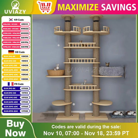 Multi-layer Double Column Floor-to-Ceiling Cat Tree Cat Climbing Tower with Natural Sisal Rope Scratching Post Tall ClimbingTree