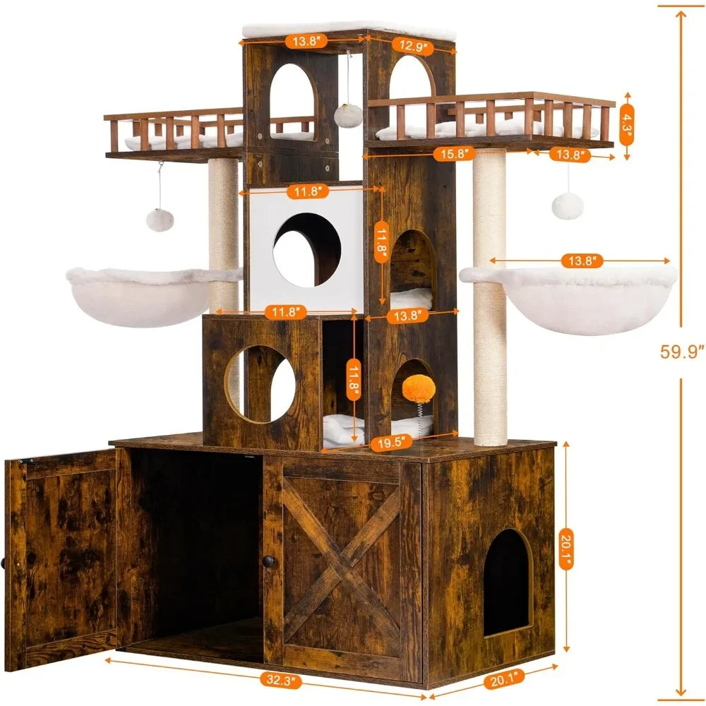 Cat Tree with Litter Box Enclosure for Indoor Big Cat, Cat Tower for Large Cats 20 lbs Heavy Duty, Modern Cat Condo Furniture