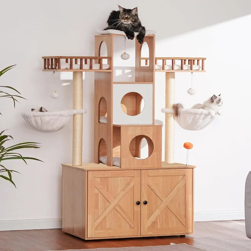 Cat Tree Tower with Litter Box Enclosure, for Large Cats 20 lbs Heavy Duty, Modern Cat Condo Furniture with Scratching Posts