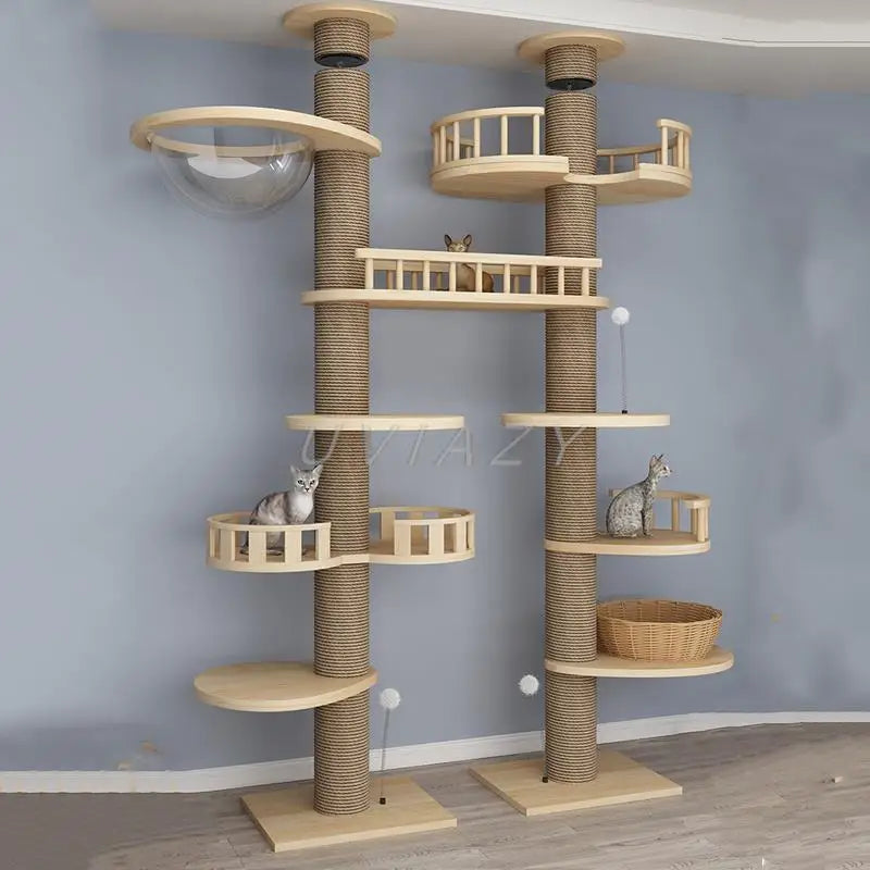 Multi-layer Double Column Floor-to-Ceiling Cat Tree Cat Climbing Tower with Natural Sisal Rope Scratching Post Tall ClimbingTree