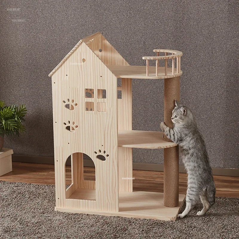 Large Cat House Double-decker Luxury Cat Villa Grab Column Jumping Platform Solid Wood Cat Scratchers Cat Litter Cats Tree One L