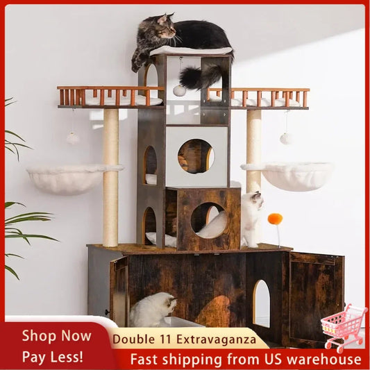 Cat Tree with Litter Box Enclosure for Indoor Big Cat, Cat Tower for Large Cats 20 lbs Heavy Duty, Modern Cat Condo Furniture
