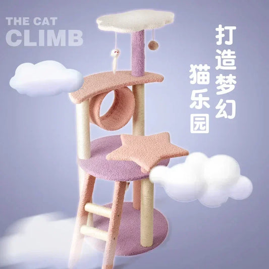 Cat Tree Apartment Tower with Basket Perch Platform Pink Cat Supplies Cat Toys Let Cats Play Happy At Home