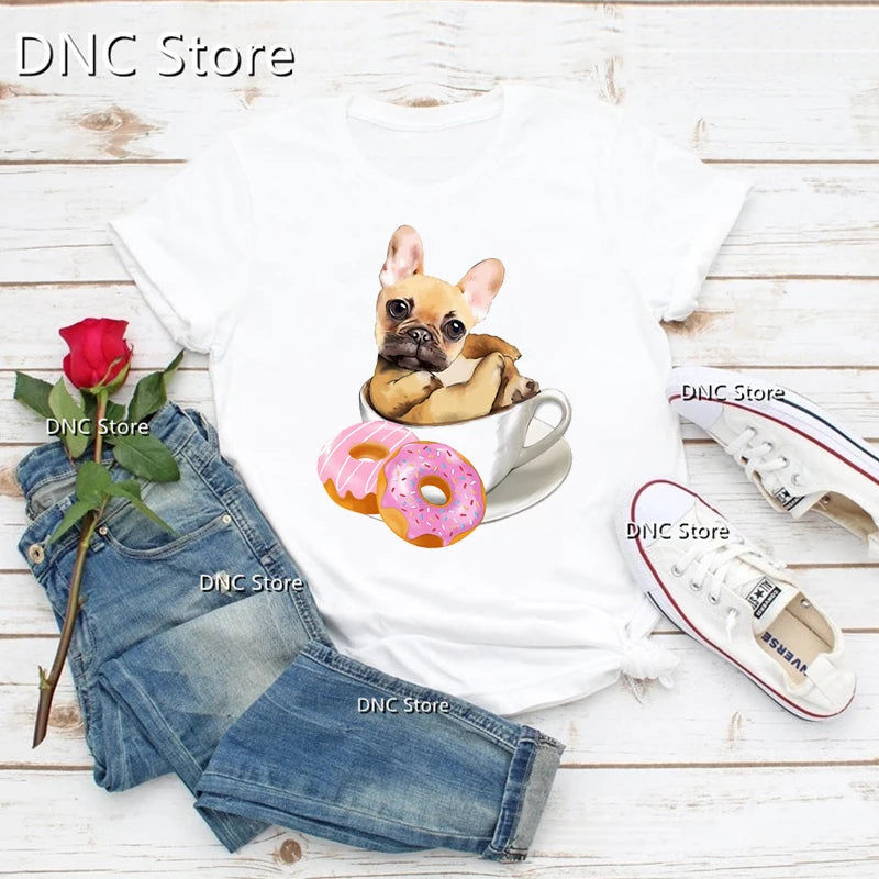French Bulldog Lovers, Sweet French Black And White With Pin Donuts Dog Lovers Women Tshirts Summer T-Shirts Femme O Collar Tops