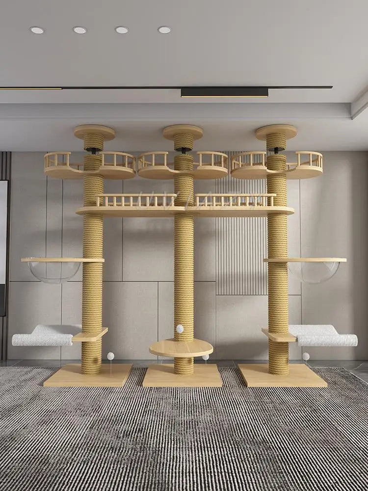 Multi-layer Three Columns Floor-to-Ceiling Cat Tree Cat Climbing Tower Sisal Rope Scratching Post Height 250-270cm Climbing Tree