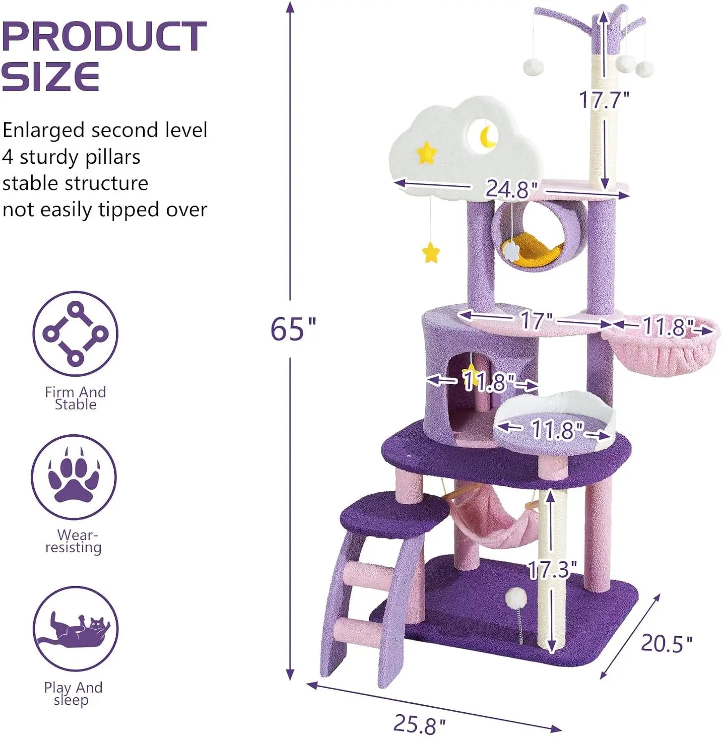 65 Inches Unique Cat Tree Large Tall for Indoor Cats Purple Pink Cloud Big Cat Tree Cat Castle Mansion Condo for Large Cats