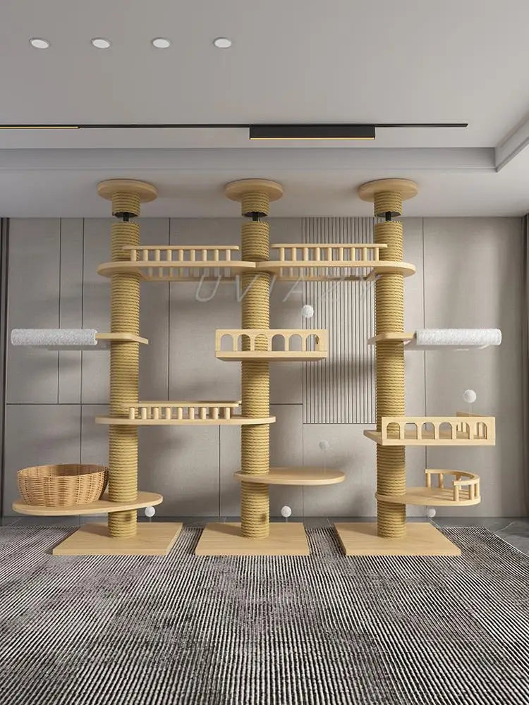 Multi-layer Three Columns Floor-to-Ceiling Cat Tree Cat Climbing Tower Sisal Rope Scratching Post Height 250-270cm Climbing Tree