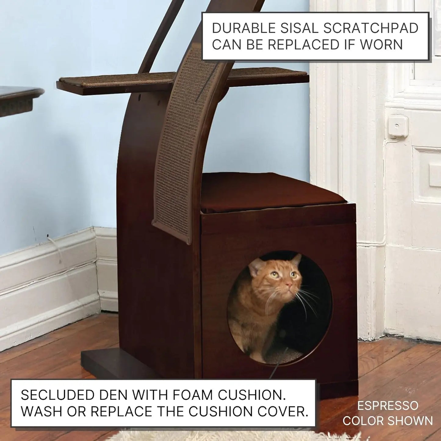 THE REFINED FELINE 69 Inch Tall Black Espresso Lotus Cat Tower, Multi-Level Modern Cat Tree for Indoor Cats with Scratching