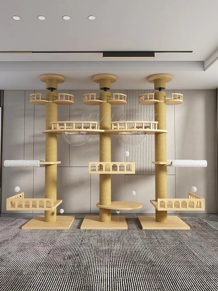 Multi-layer Three Columns Floor-to-Ceiling Cat Tree Cat Climbing Tower Sisal Rope Scratching Post Height 250-270cm Climbing Tree