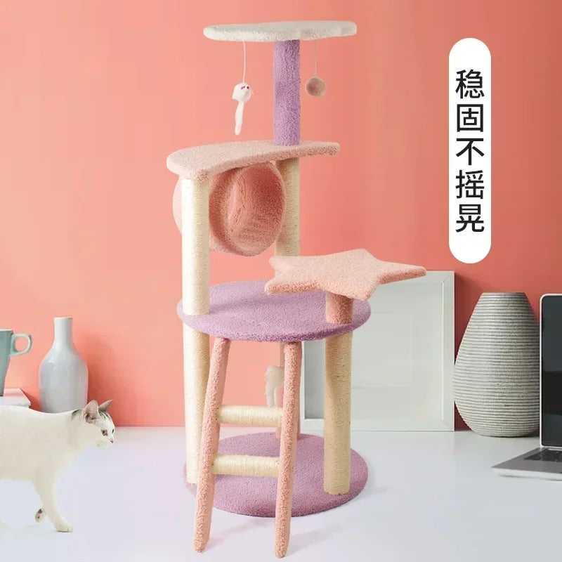 Cat Tree Apartment Tower with Basket Perch Platform Pink Cat Supplies Cat Toys Let Cats Play Happy At Home