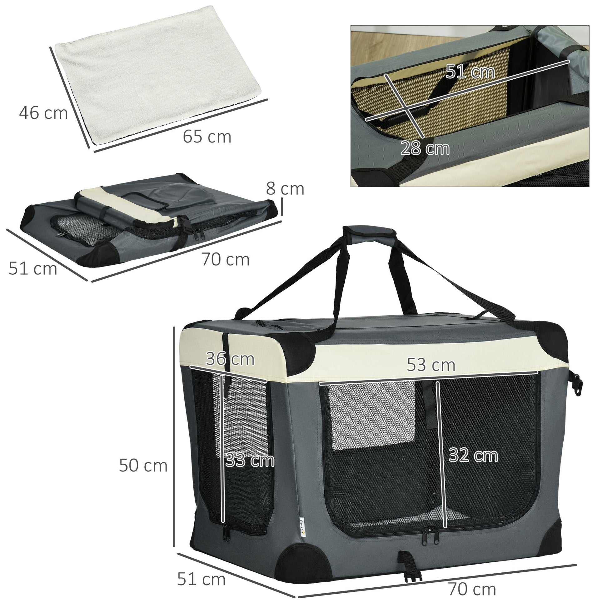 70cm Pet Carrier, Foldable Dog Bag, Portable Cat Carrier, Pet Travel Bag with Cushion for Miniature and Small Dogs, Grey-2