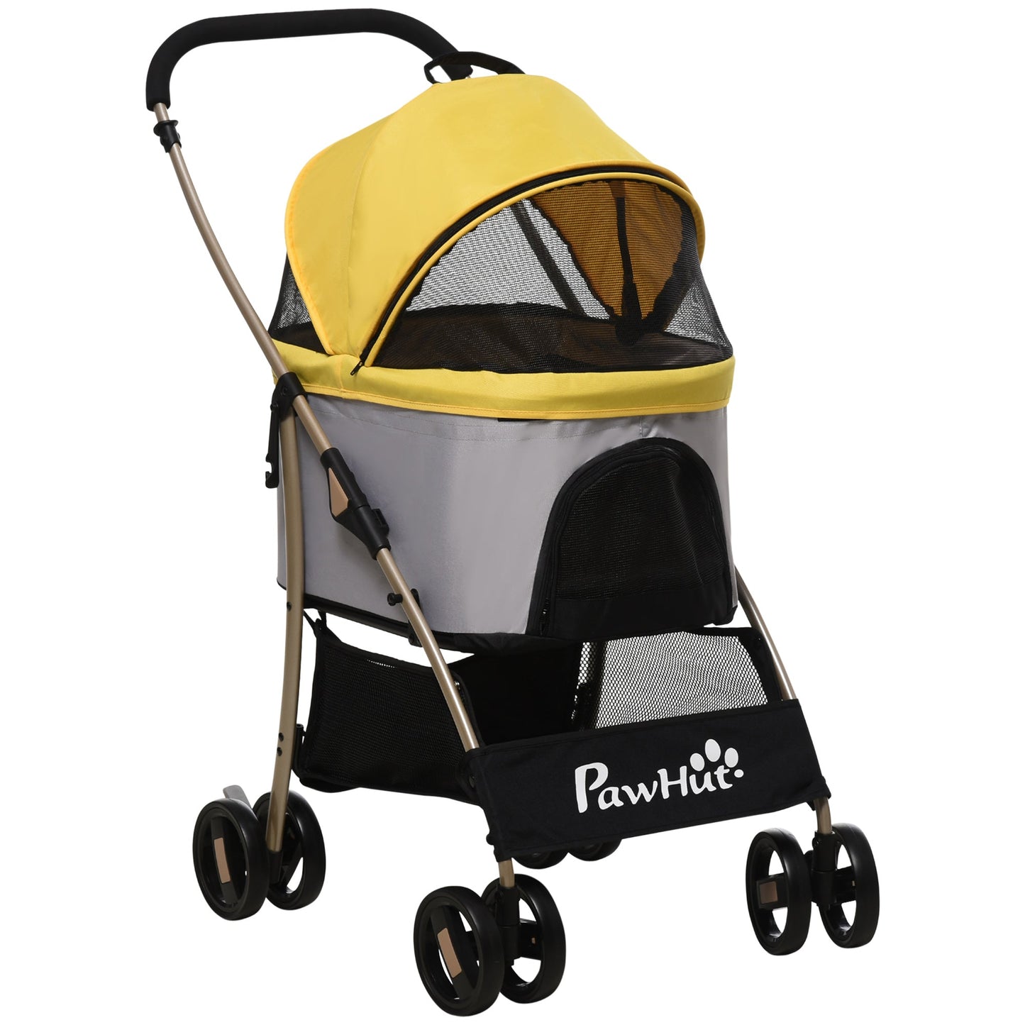 Detachable Dog Pushchair, 3-In-1 Dog Cat Travel Carriage, Foldable Carrying Bag with Universal Wheel Brake Canopy Basket Storage Bag, Yellow-0