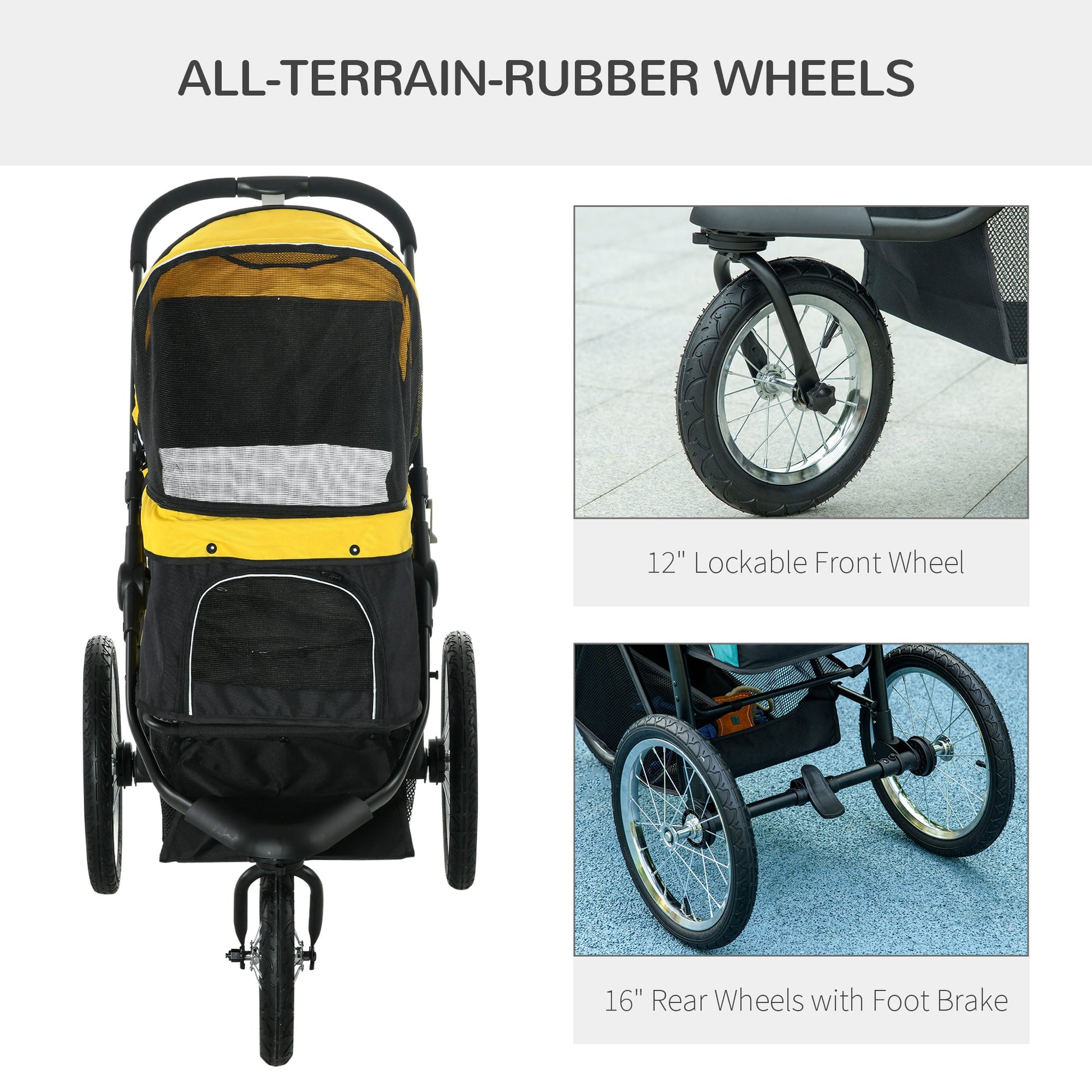 Pet Stroller Jogger for Medium, Small Dogs, Foldable Cat Pram Dog Pushchair w/ Adjustable Canopy, 3 Big Wheels - Yellow-4