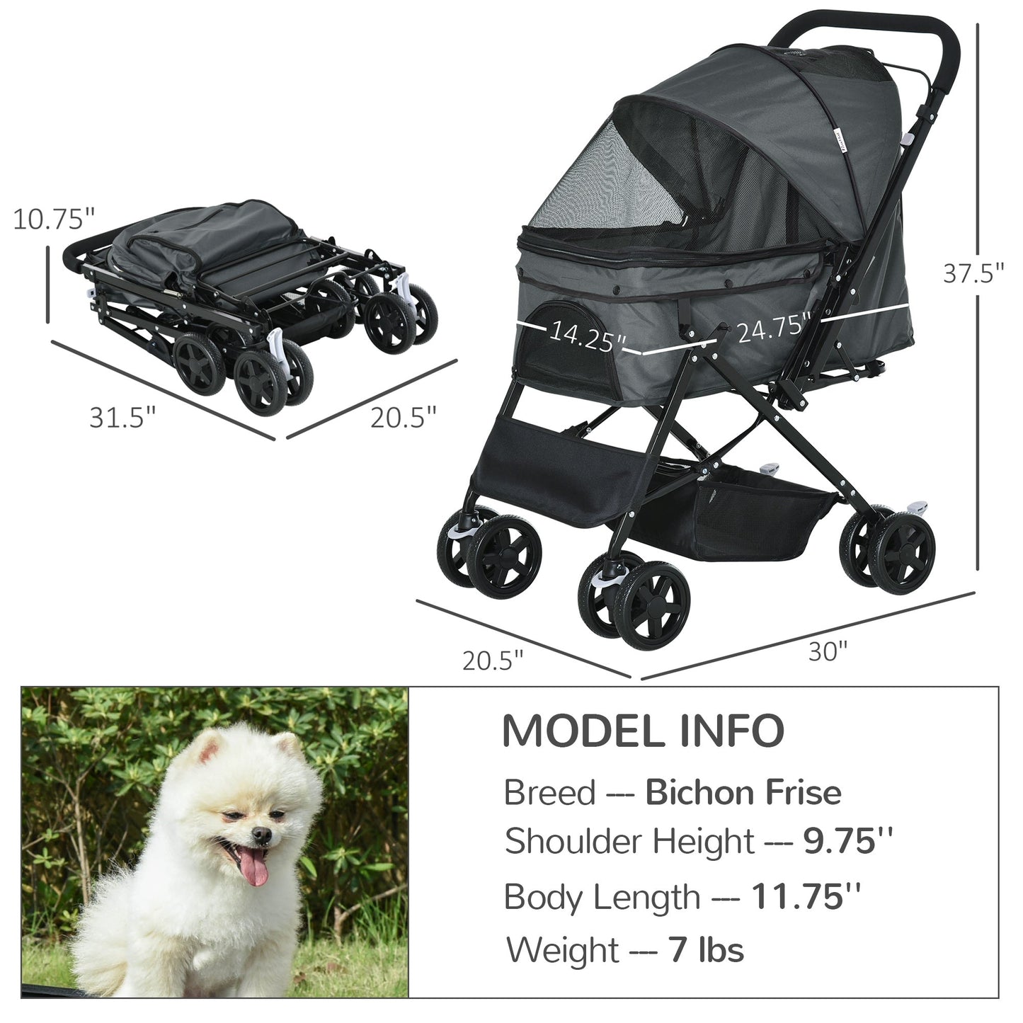 Pet Stroller Dog Pushchair Foldable Jogger with Reversible Handle EVA Wheel Brake Basket Adjustable Canopy Safety Leash Grey-2