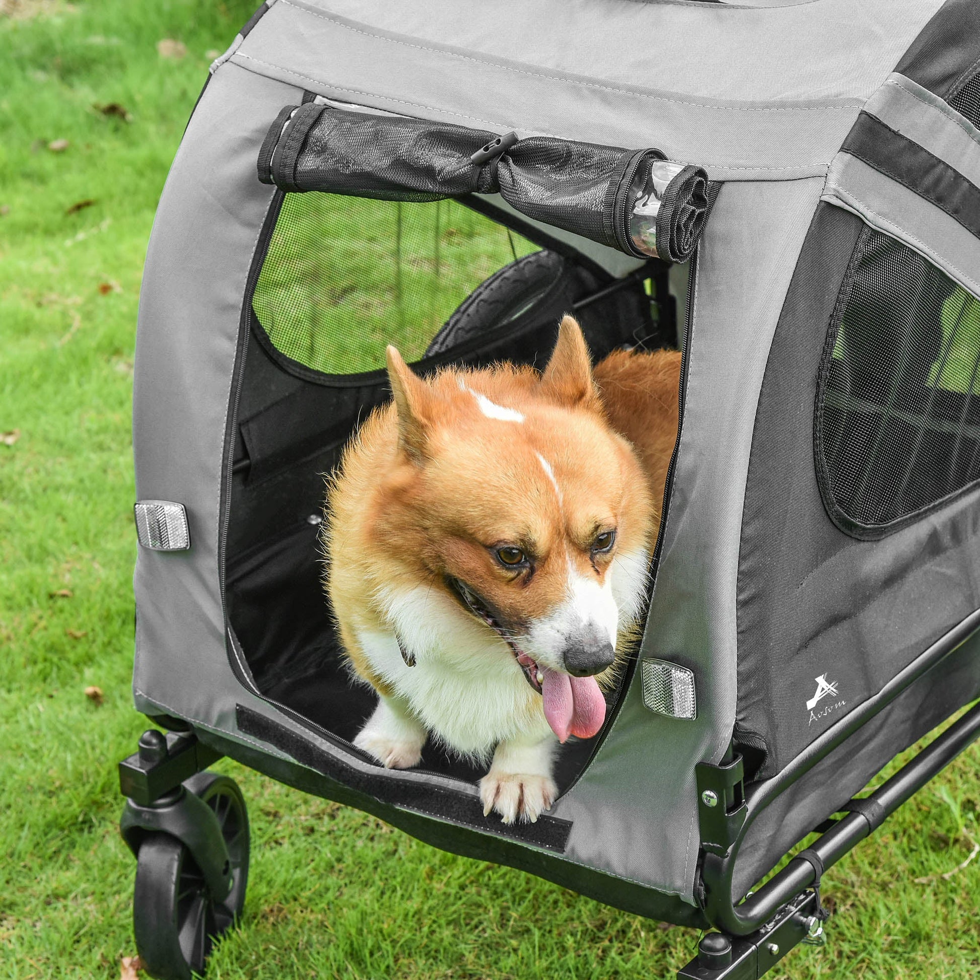 Dog Bike Trailer 2-in-1 Pet Stroller Cart Bicycle Carrier Attachment for Travel in steel frame with Universal Wheel Reflectors Flag Grey-2