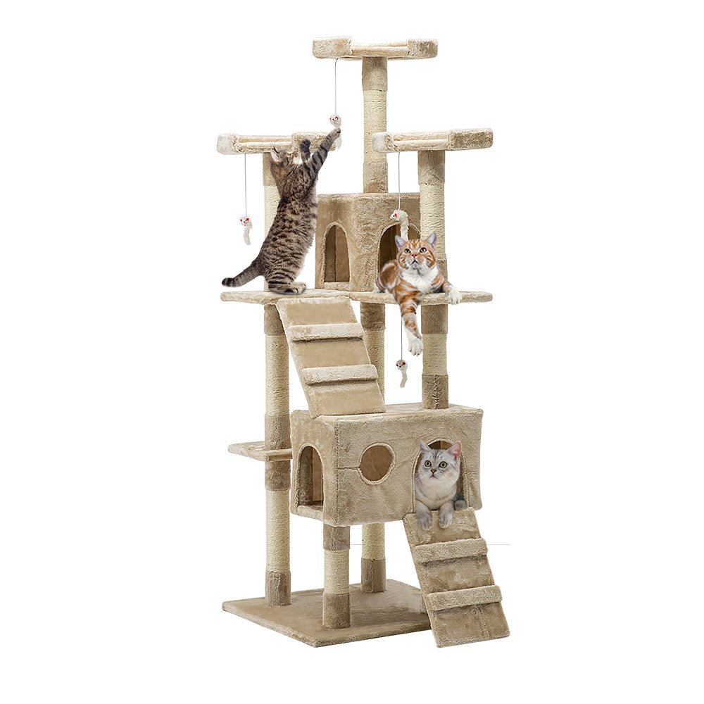 Cat Tree 180cm Trees Scratching Post Scratcher Tower Condo House Furniture Wood Beige-0