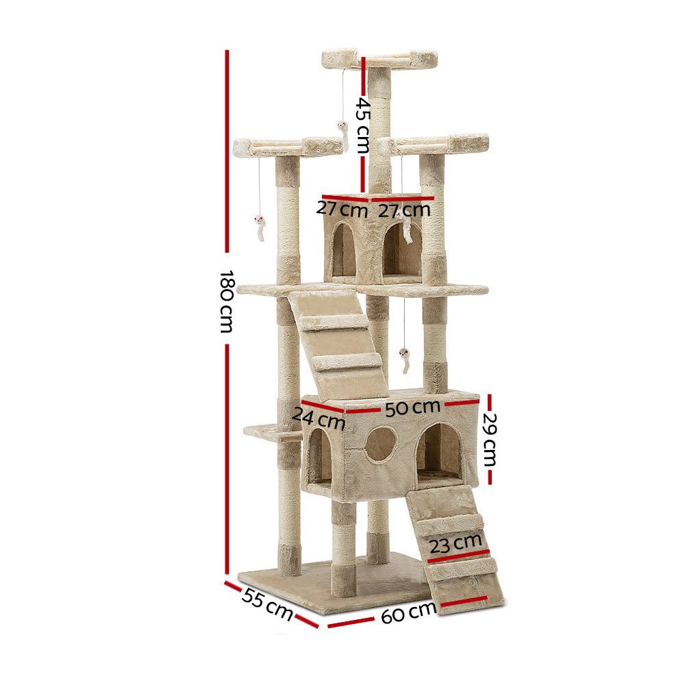 Cat Tree 180cm Trees Scratching Post Scratcher Tower Condo House Furniture Wood Beige-1