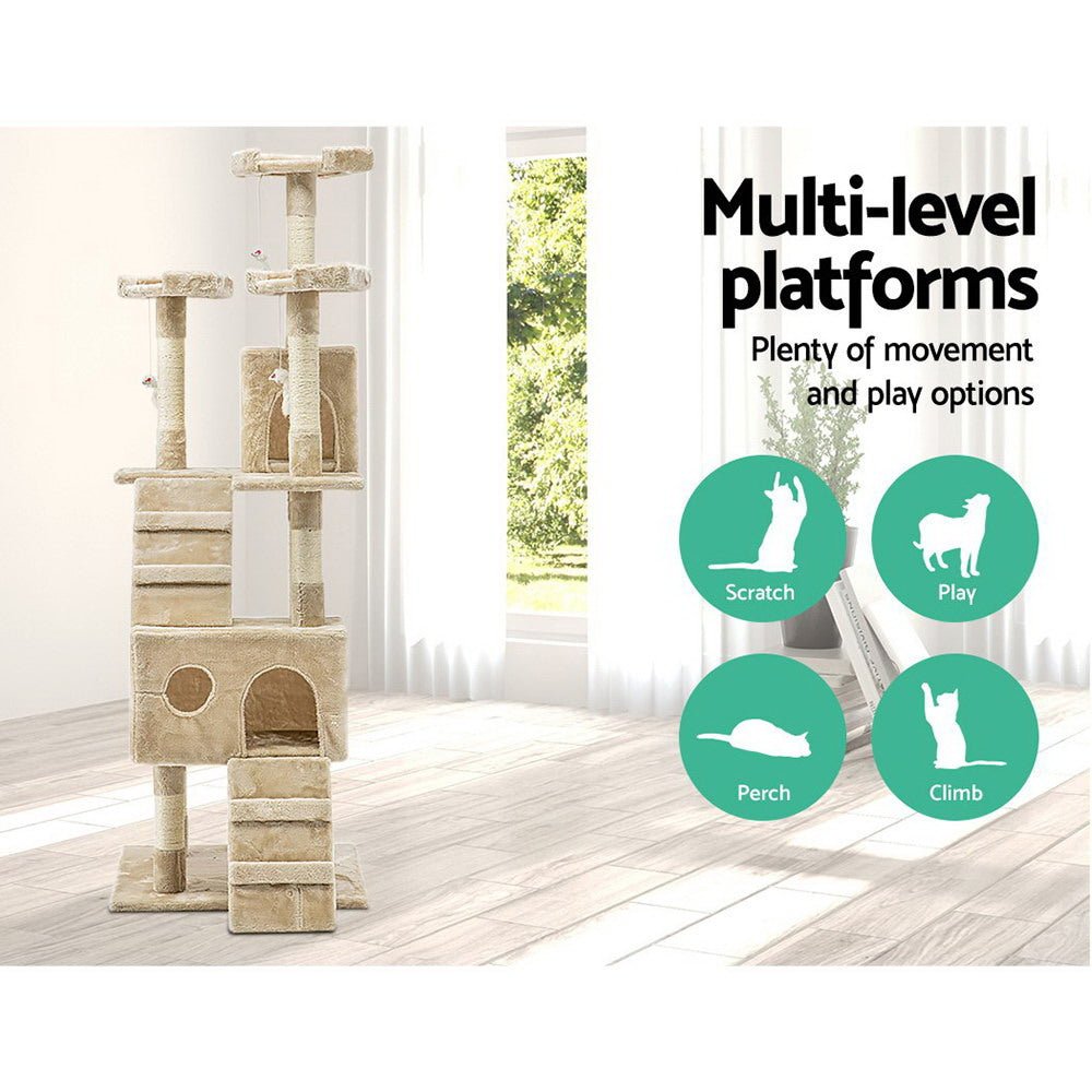 Cat Tree 180cm Trees Scratching Post Scratcher Tower Condo House Furniture Wood Beige-2