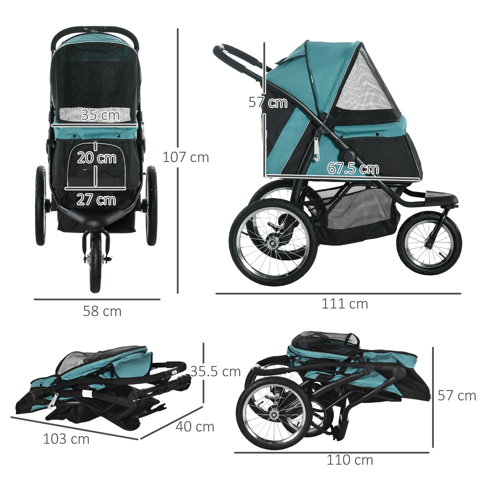 Pet Stroller Jogger for Medium, Small Dogs, Foldable Cat Pram Dog Pushchair w/ Adjustable Canopy, 3 Big Wheels - Dark Green-2