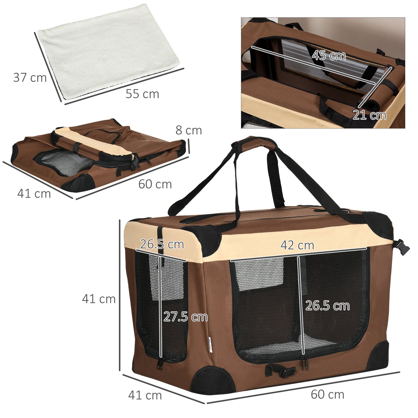 60cm Pet Carrier, Foldable Dog Bag, Portable Cat Carrier, Pet Travel Bag with Cushion for Miniature Dogs, Brown-2