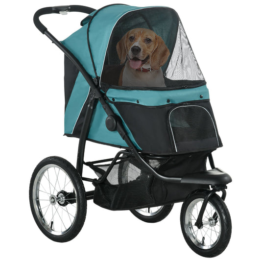 Pet Stroller Jogger for Medium, Small Dogs, Foldable Cat Pram Dog Pushchair w/ Adjustable Canopy, 3 Big Wheels - Dark Green-0