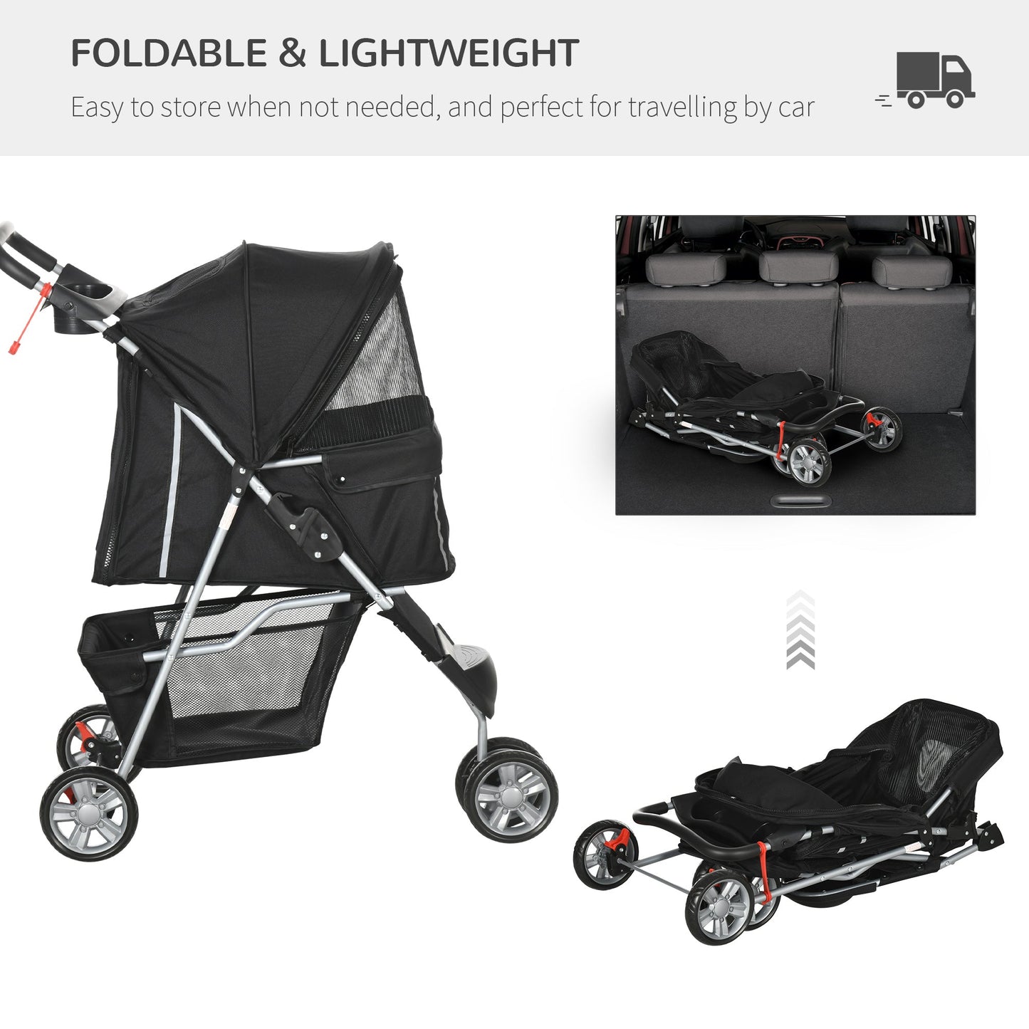 Pet Travel Stroller Cat Dog Pushchair Trolley Puppy Jogger Carrier Three Wheels for Small Miniature Dogs(Black)-3