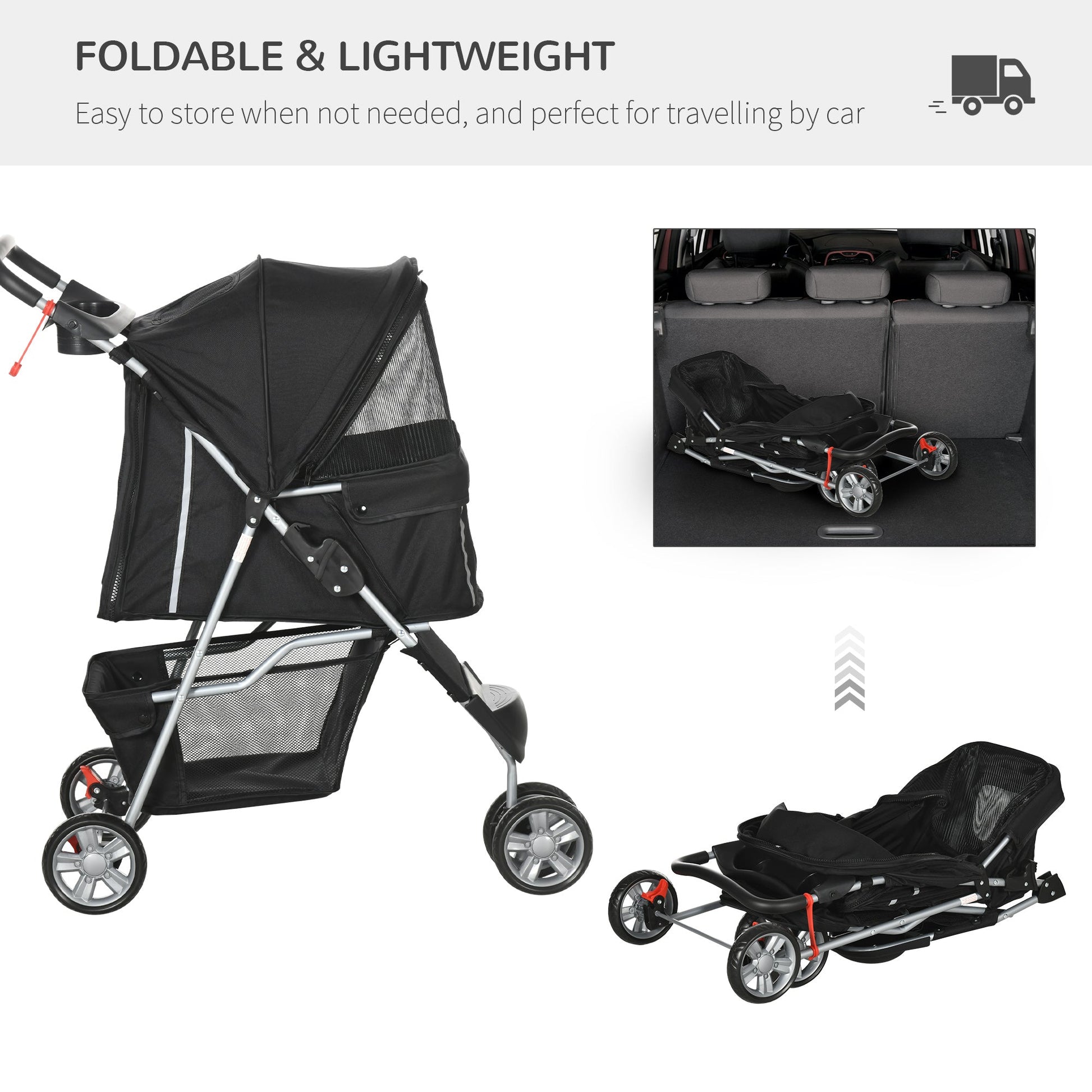 Pet Travel Stroller Cat Dog Pushchair Trolley Puppy Jogger Carrier Three Wheels for Small Miniature Dogs(Black)-3