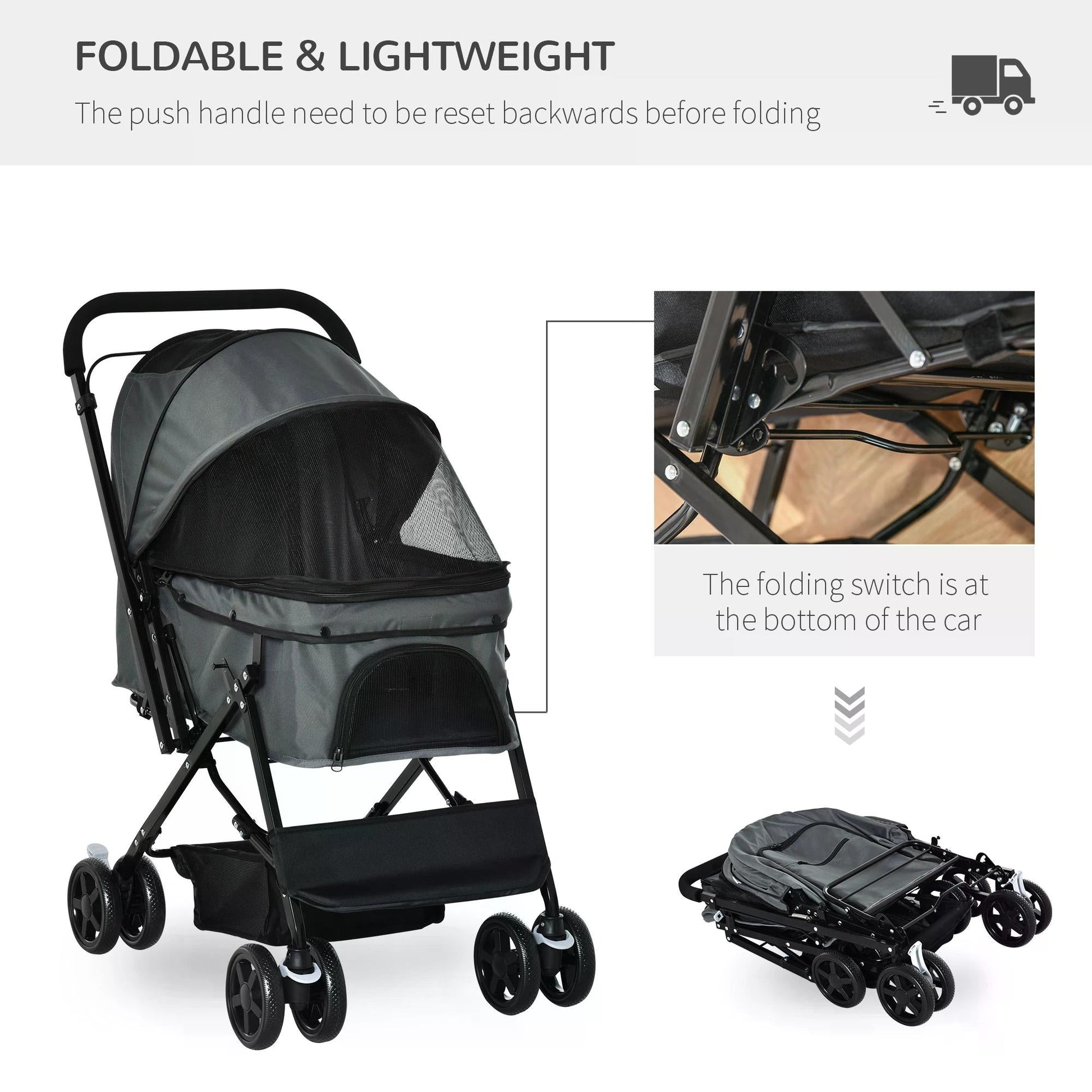 Pet Stroller Dog Pushchair Foldable Jogger with Reversible Handle EVA Wheel Brake Basket Adjustable Canopy Safety Leash Grey-4