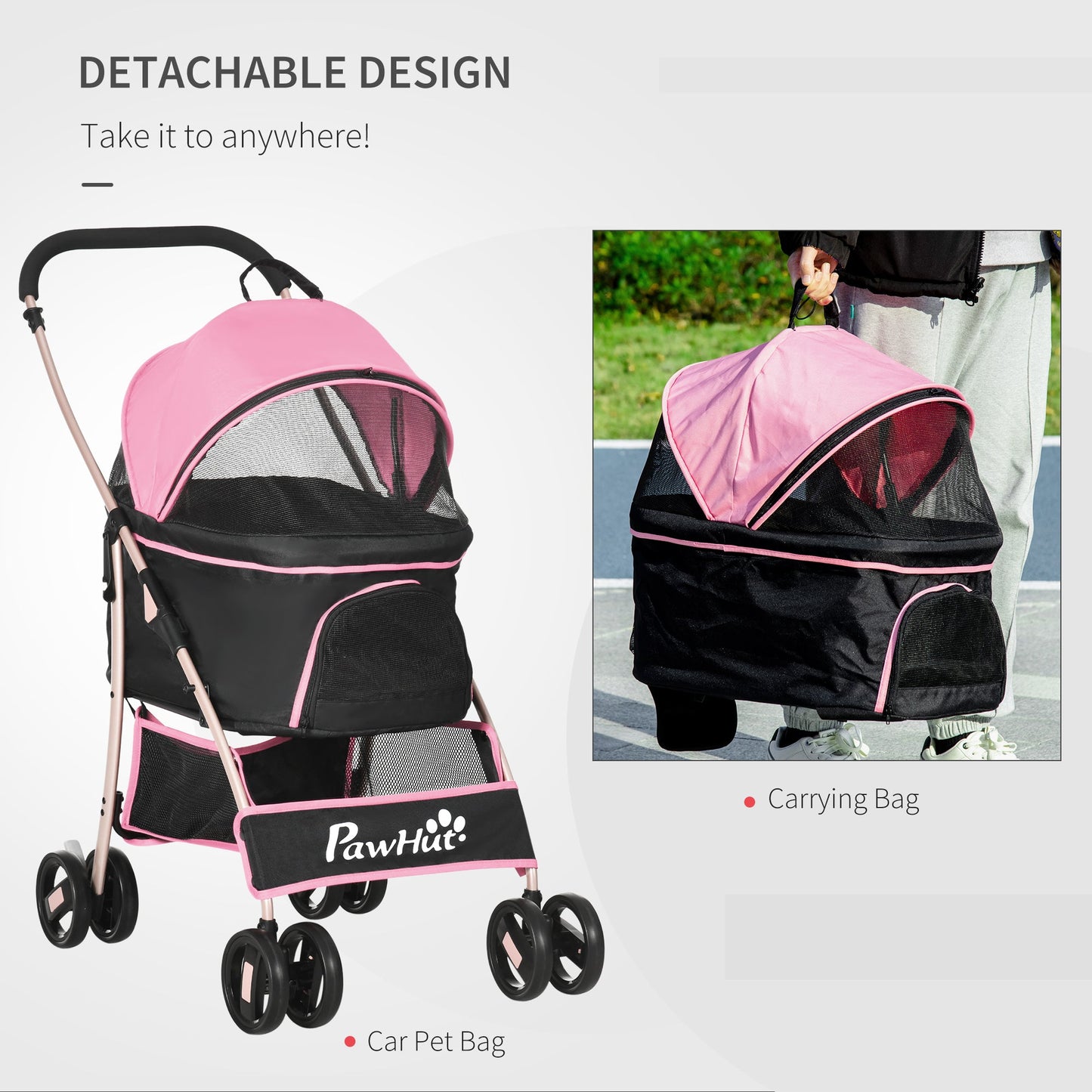 Detachable Pet Stroller, 3-In-1 Dog Cat Travel Carriage, Foldable Carrying Bag with Universal Wheel Brake Canopy Basket Storage Bag, Pink-4