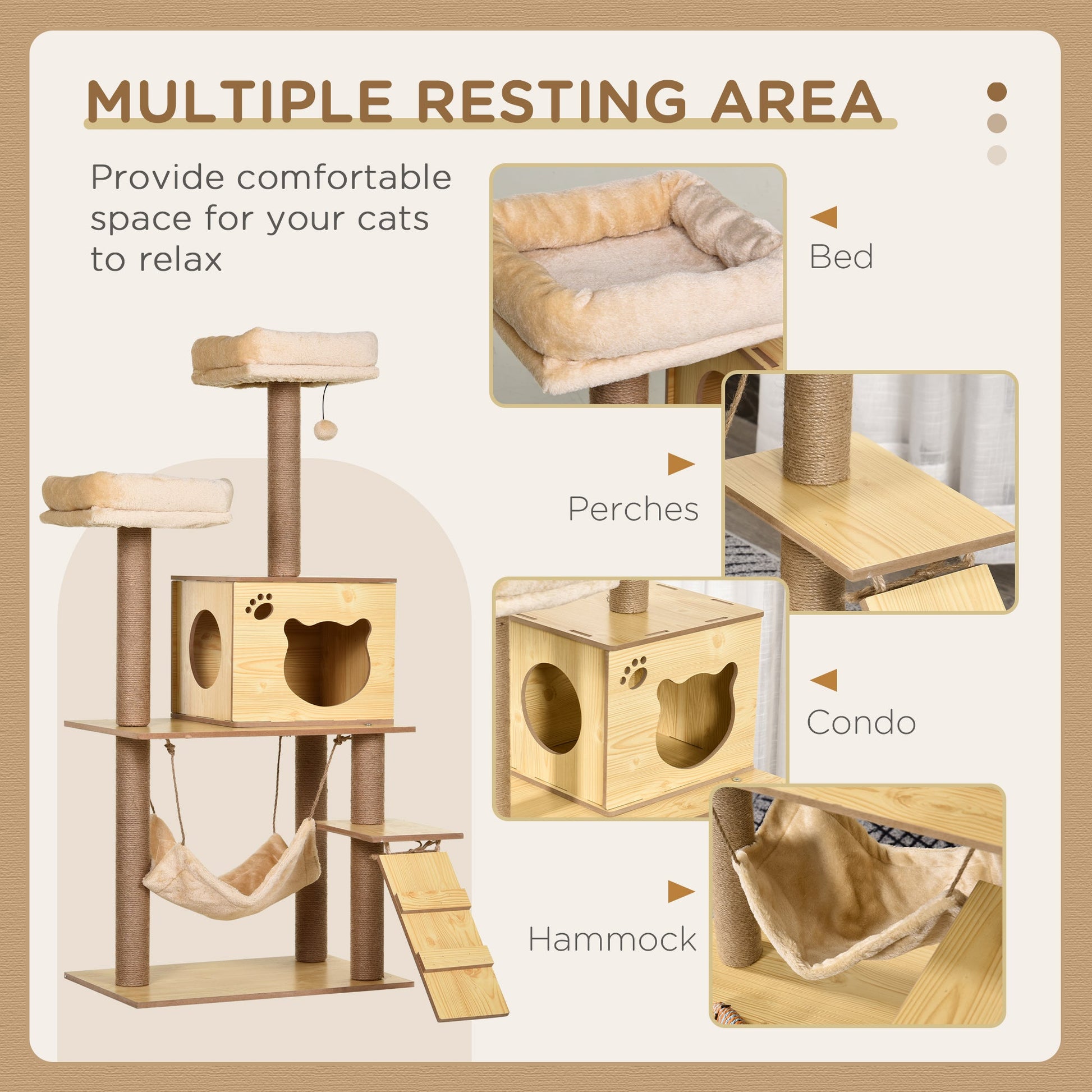 Cat Tree, 130cm Cat Tree for Indoor, Multi-Level Plush Cat Climbing Tower w/ Scratching Posts, Perches, Cat Condo, Ball for Large Cat, Yellow-2