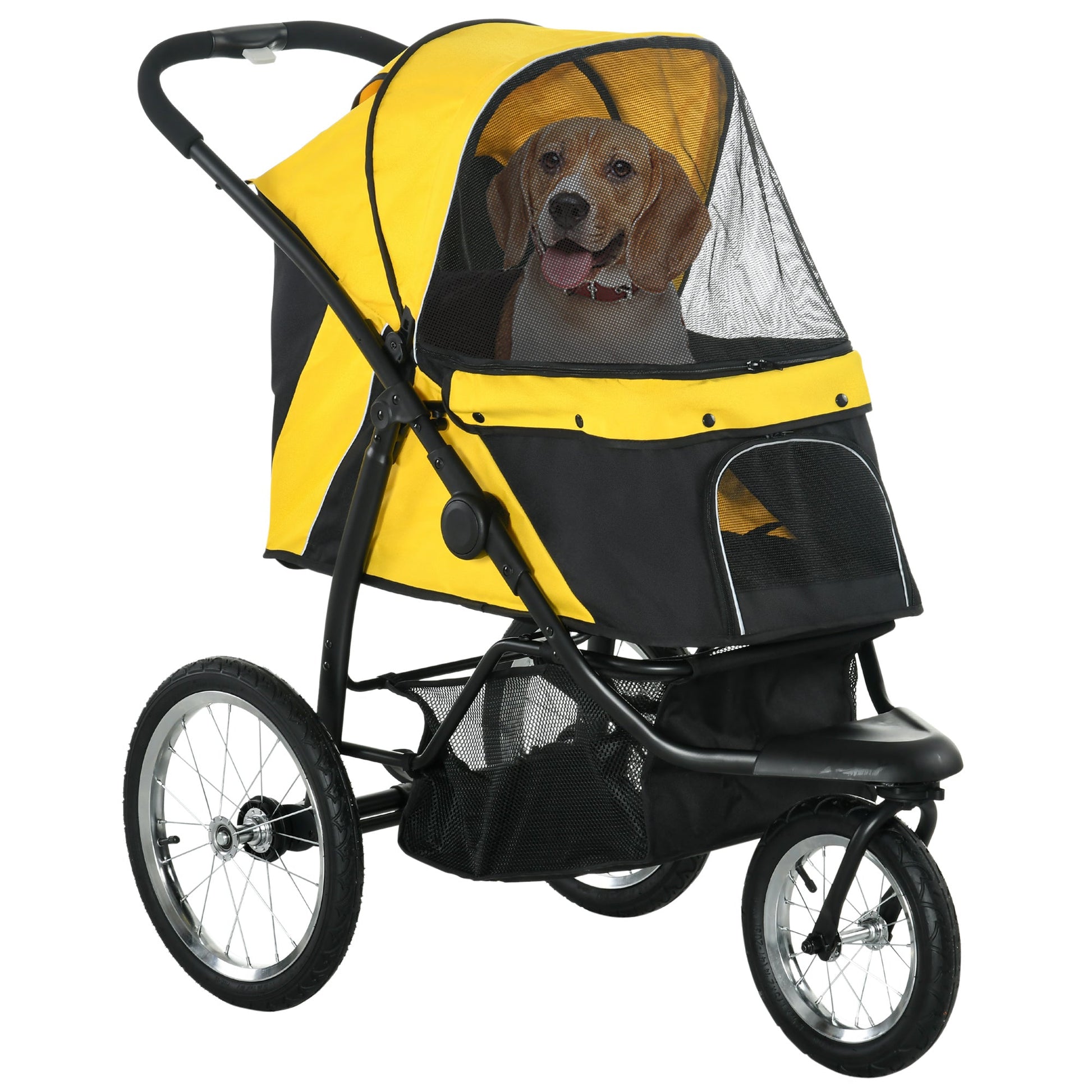 Pet Stroller Jogger for Medium, Small Dogs, Foldable Cat Pram Dog Pushchair w/ Adjustable Canopy, 3 Big Wheels - Yellow-0