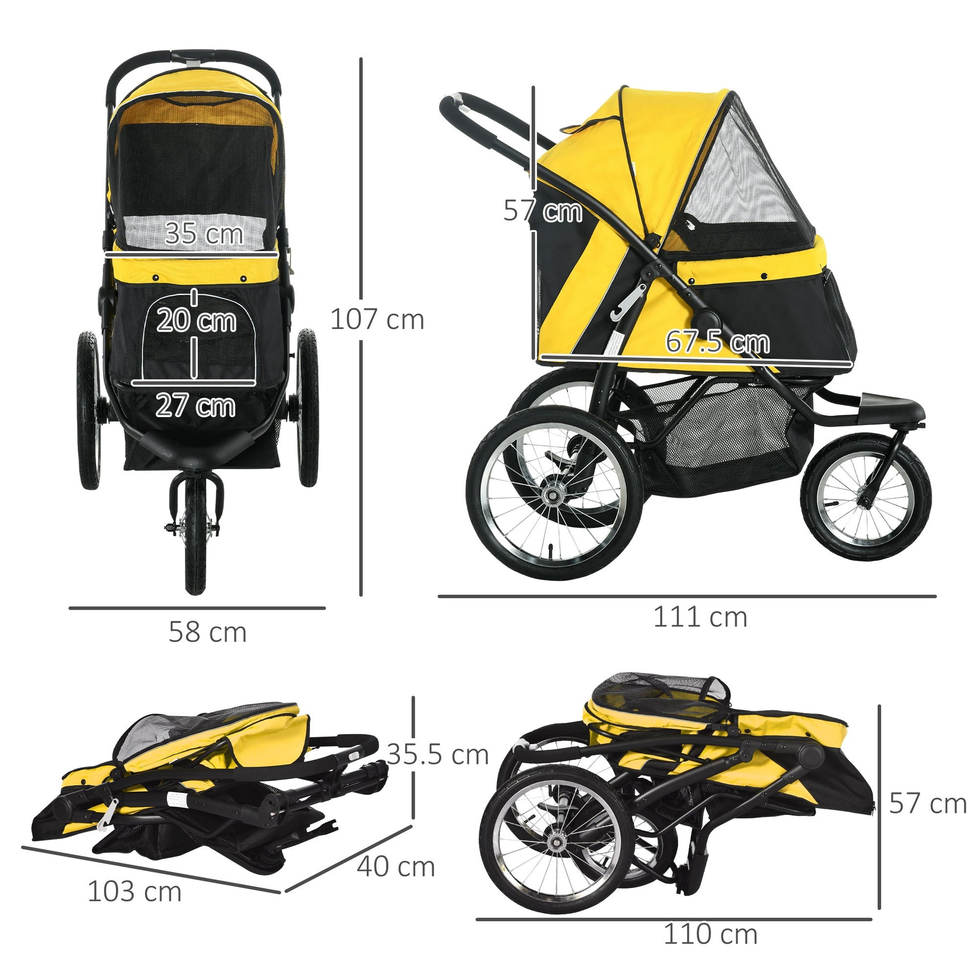 Pet Stroller Jogger for Medium, Small Dogs, Foldable Cat Pram Dog Pushchair w/ Adjustable Canopy, 3 Big Wheels - Yellow-2